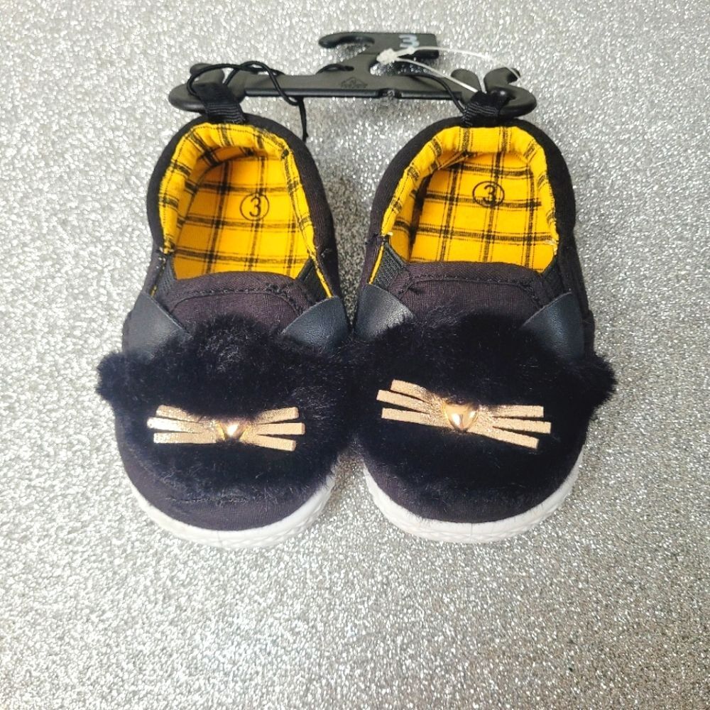 Wonder Nation Black Kitty Cat Furry Slip On Shoes Baby Girl Size 3 New
